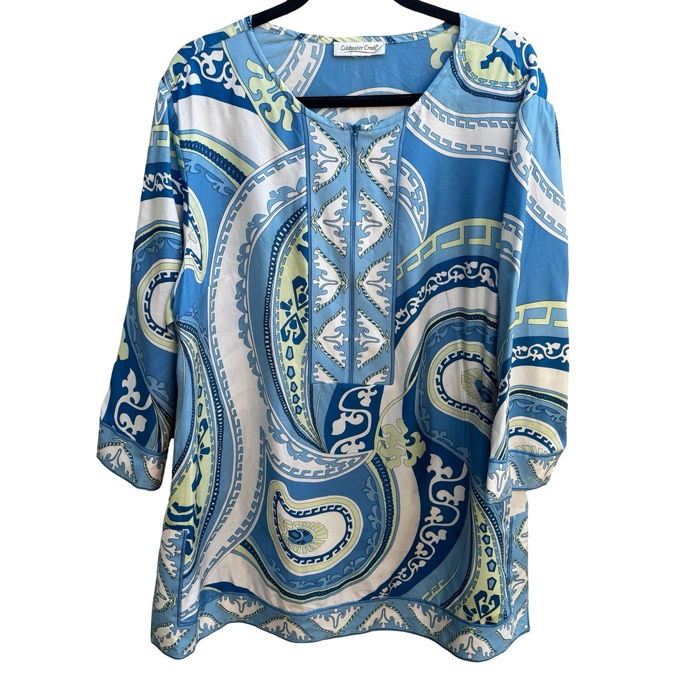 Coldwater Creek Silk Resortwear Coastal Nautical Boho Paisley Tunic Blouse XXL